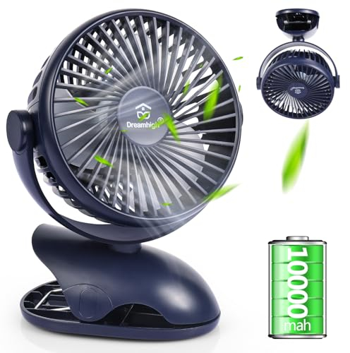 Dreamhigh® USB Ventilator 10000mAh, Maximale Akkulaufzeit 35 Stunden, 360° Drehung Mini Ventilator Akku, 4 -Gang Tischventilator Klein, Clip Fan für Desktop, Kinderwagen, Büro, Wohnmobil，Camping
