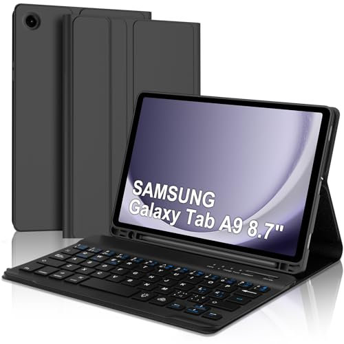 JADEMALL Funda con Teclado para Samsung Galaxy Tab A9 8.7'', Teclado Bluetooth Inalámbrico Desmontable con Funda y Portalápices para Samsung Galaxy Tab A9 8.7 Pulgadas 2023(SM-X110/X115/X117), Negro