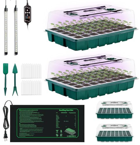 Hugbow Seed Starter 4 Pack Tray with Grow Lights and Heat Mat, 3-in-1 Soil Meter, & Sticky Gnat Traps,160-Cell Seed Growing Tray, Germination & Plant Propagation Station for Indoor Plants, HB-YM-001