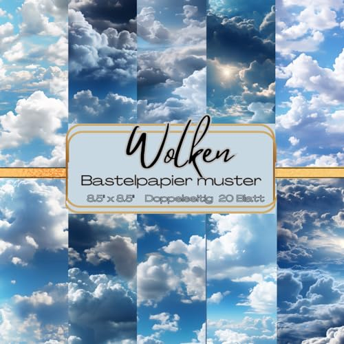 Bastelpapier Muster Wolken: Scrapbooking Papier Blauer Himmel | 8.5 x 8.5, 20 Blätter, Doppelseitig I Junk Journal Dekor I Washi Tape I Karten Herstellung | Dekoratives Bastelpapier