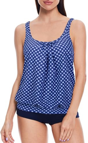 loginsummer Traje de baño de 2 Piezas Mujer Tankini Conjuntos para Mujer Tankini de Cintura Alta con pantalón Corto Traje de baño Control de Abdomen（Puntos Azules,EU44）
