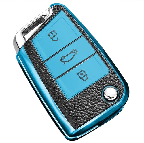 Misuyue Autoschlüssel Hülle VW, VW Golf 7 Schlüsselhülle für VW Mk7 Polo MK6 Skoda Octavia Touran Tiguan Tarraco Seat Leon Cupra Ibiza, 3 Tasten Skoda Schlüsselhülle aus Leder und TPU (Blau)