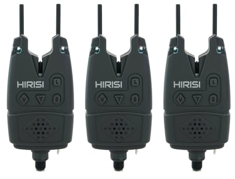 Hirisi Tackle Bissanzeiger zum Karpfenangeln, 6 LED-Farben, einstellbarer Lautstärketon, abnehmbare Ohrstange, Angelzubehör (schwarz, 3)