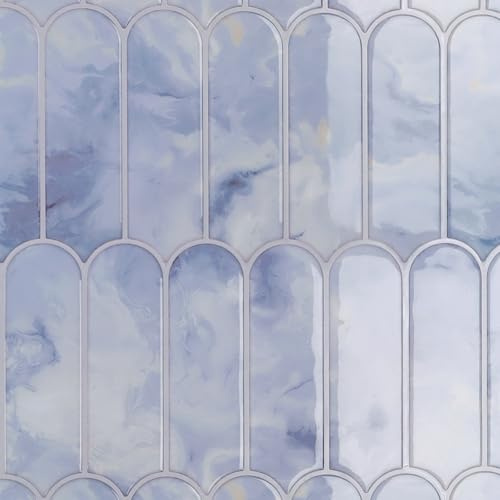 CRE8TIVE 16 Stück Selbstklebende Fliesen Hellblau Marmor Fliesenaufkleber Bad Wasserfest Lange Fächerform Küchenrückwand Selbstklebend Klebefliesen Bad Klebefliesen Küche Waschküche 30.5cm x 30.5cm