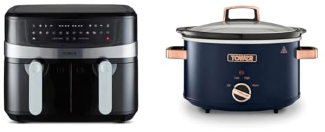 Tower T17088 Vortx 9L Dual Basket Air Fryer with Smart Finish, 2600W, Black & T16042MNB Cavaletto 3.5 Litre Slow Cooker with 3 Heat Settings