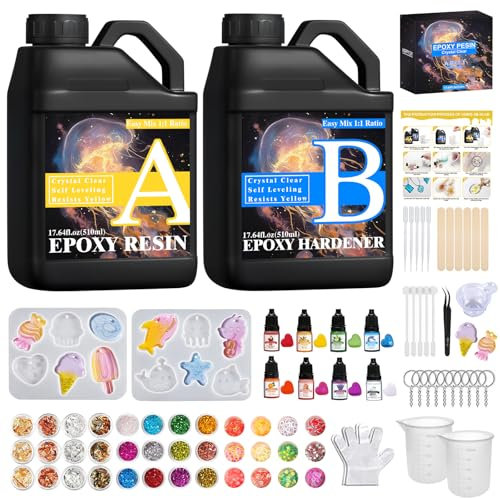 TOSUTO Resina Epossidica Trasparente Kit, 1020 ml, Completo Con Glitter per Principianti, Creazione di Gioielli, Pendenti per Collane, Fai da Te