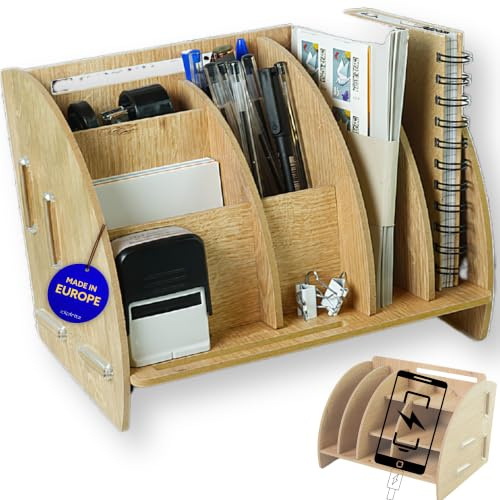 clipfritz - Schreibtisch Organizer mit Handyhalterung aus Holz (ca.25x19,5x16cm) Schreibtischzubehör für Home-Office und Büro - Ordnungssystem als Tischorganizer: Briefhalter, Stiftefach, Ablagefach