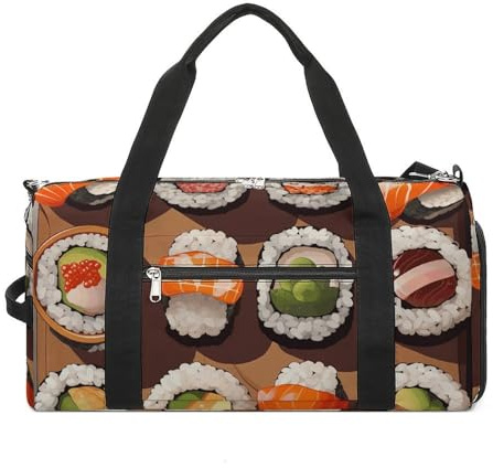 Gym Bag Many Sushi Food Duffel Bag for Men Women Overnight Bag with Shoe Compartment Workout Bags, Many Sushi Food, One Size, Art Deco