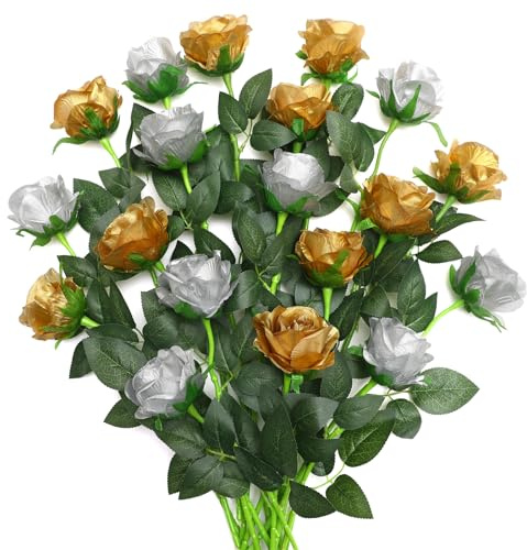 JUSTOYOU 20 PCS Rose Artificial Flower,Double Colour Silk Blooming Rose with Stem,Artificial Rose Bouquet Realistic Flower for Home Table Office Party Wedding Garden Arrangements(gold and silver)