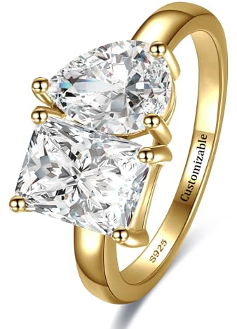 Yaresul Anillo de compromiso ajustable Toi Et Moi chapado en oro de 14 quilates para mujer, corte radiante y en forma de pera, anillo de boda falso, anillo de compromiso para ella, talla abierta 5-9