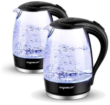 Aigostar Adam - Hervidor de Agua Eléctrico de Cristal, Hervidores Eléctrico con Iluminación Led, 1,7 L, 2200W, Libre de BPA y Sistema de Protección Contra la Ebullición en Seco, Base 360º, 2 Pack