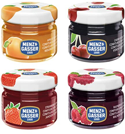 Menz&Gasser, Confettura Extra di Gusti Assortiti Monodose Premium Quality, Albicocca, Fragola, Ciliegia, Lampone, con Frutta di Alta Qualità, 100% Made in Italy, 96 Vasetti x 28g