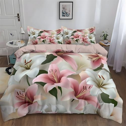 Set copripiumino con stampa 200 x 200 cm facile da pulire traspirante reversibile Elegante giglio rosa lavabileRosa chiaro