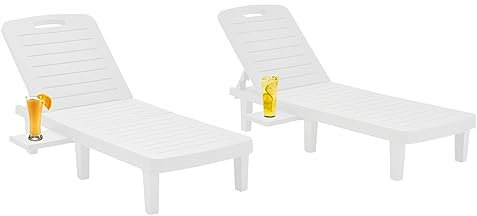 Outdoor Chaiselongue Chairs Set of 2 Adjustable Back Rest and Side Tray White Plastic Lounge Chairs for Patio Pool Garden Beach