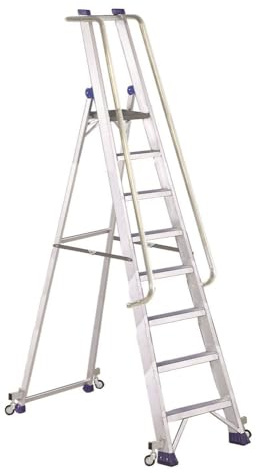 Svelt Scala Professionale in Alluminio con Piattaforma, Corrimani e Parapetto – 4 Ruote Autobloccanti e Gradini Antisdrucciolo (8 Gradini)