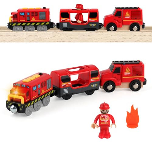 SKIKHN Holzeisenbahn Zug Feuerwehr-Löschzug, Batteriebetriebener Lokomotivzug, Feuerwehr Leiterfahrzeug mit Licht und Sound, Spielzeugauto für Familie, Rot