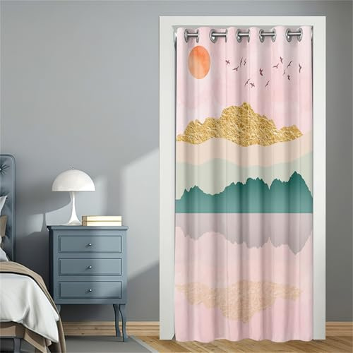 Surwin Tenda Oscurante da Interno per Porta con Occhielli, Tenda a Pannello per Porta Finestra Divisorio per Portico, Camera da Letto, Soggiorno, Patio Paesaggio Pittura (Rosa,80x150cm)