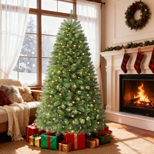 SHareconn 6ft Christmas Tree, Pre Lit Christmas Tree with 778 Branches, 250 LED Warm White Lights, 8 Light Modes. Indoor or Outdoor Xmas Tree with Foldable Metal Stand, 6FT