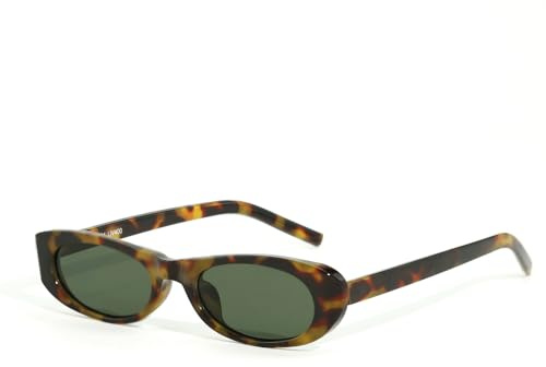 Liora Sabrina Braun Schmale Kleine Extra Dünne Cat-Eye Damen Sonnenbrille im Retro-Stil mit Tortoise Shell Rahmen, Dunkelgrünen Gläsern, Vintage 90er Jahre Look, UV400 Schutz, Leicht und Elegant