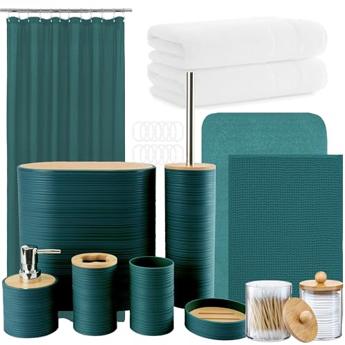 Icegrey 25-teiliges Bambus-Badezimmer-Zubehör-Set mit Duschvorhang-Set und Teppichen, Becher, Zahnputzbecher, Seifenspender, Seifenschale, WC Bürste, Mülleimer, Qtip Halter und Handtuch, Dunkelgrün