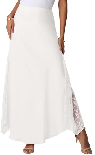 GRECERELLE Faldas maxi de satén de verano para mujer, cintura alta, de seda, largas, fluidas, línea A, con cremallera, falda de señora para fiesta, boda, vacaciones, Nieve, L