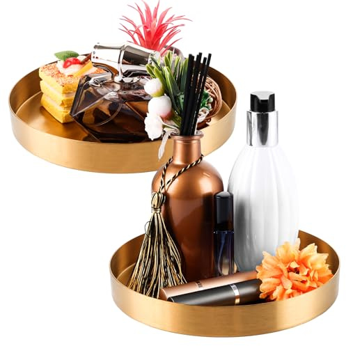 MUXHEL 2 vassoi decorativi rotondi, 20 cm, colore oro, vassoio da servizio, piatto decorativo in acciaio inox dorato, vassoio decorativo per corona dell'Avvento, piatto, cosmetici, candele