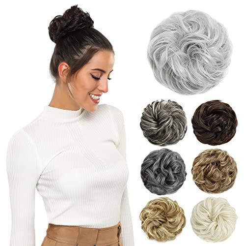 PARXITN Dutt Haarteil mit Gummiband Gelockt für Messy Bun Pferdeschwanz Haarverlängerung als Haargummi mit Haaren für Hochsteckfrisuren Damen 45g Aschgrau