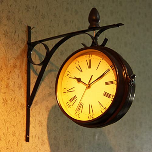 Orologio da parete da giardino in stile retrò su entrambi i lati, resistente alle intemperie, stile stazione ferroviaria industriale, funzionamento a batteria, orologio decorativo vintage per patio