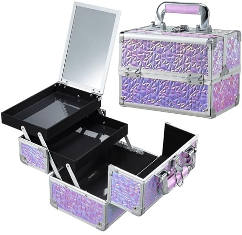 Kosmetikkoffer Schminkkoffer Leer Make up Koffer mit Spiegel Abschließbare Beauty Case Nagelkoffer Make up Organizer Koffer Multikoffer, Funkelndes Violett