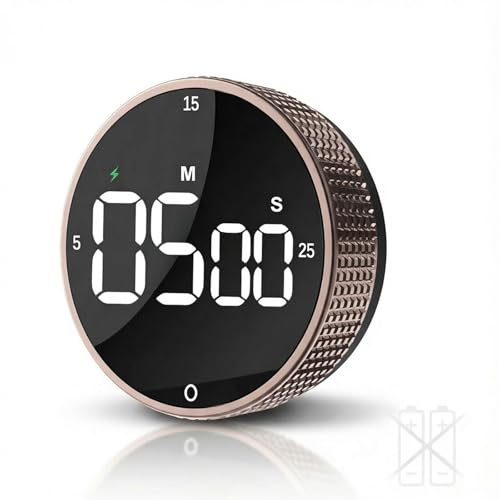 TLTWHS Wiederaufladbarer Küchentimer Magnetisch mit Drehknopf LED-Display | 800-mAh-Akku, USB-C, 5/15/25-Min.-Direktwahl, Countdown/Stoppuhr, 3 Lautstärken, Speicherfunktion und 2 Magnete.