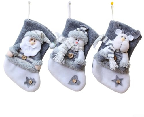 Zeroupshop 3 Stück Samt Weihnachtsstrümpfe Set mit Aufhängeschlaufen 20x11cm Schneemann Santa Rentier Plüsch 3D Design für Kaminsims Baum Wanddekoration