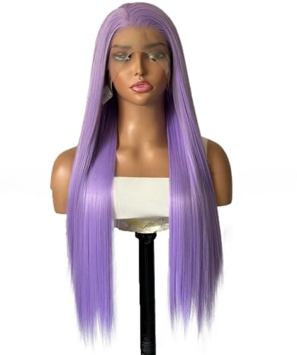 Parrucca viola chiaro, lunga e liscia, con pizzo frontale, pre-depilata, con linea di capelli naturale, per donne, parrucca sintetica senza colla, aggiunge volume dei capelli(24)