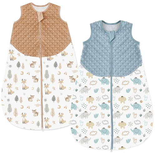 Chilsuessy Baby Schlafsack 1.5 Tog 2er Pack Ganzjahresschlafsack Winter Babyschlafsack für Neugeborene, 1.5 Tog/Elephant + Forest, 67cm/0-6 Monate