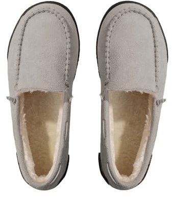 Mocasines con forro de piel para mujer, de espuma viscoelástica, para interiores, para invierno, para casa, mocasines sin cordones, con suela dura, estilo tradicional, forro de piel de faur, gris, 39