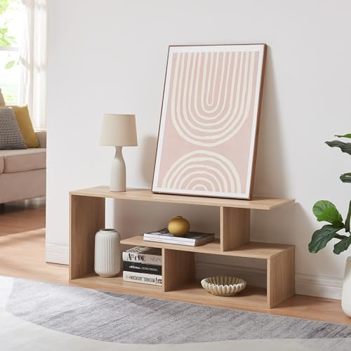 [en.casa] Mesa TV Anän con Compartimentos Abiertos y Estantes Mueble TV con Estilo Soporte para Televisores Estantería Independiente para Sala Dormitorio Aglomerado 100x30x42 cm - Efecto Roble