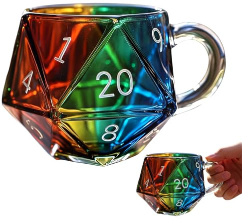 Umllpet Taza de café poliédrica con asa, 400 ml, cristal arcoíris D20, taza de dados poliédricos, vasos divertidos para hombres y mujeres, amantes de la fantasía, regalo para los amantes de los juegos