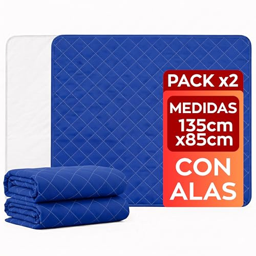 Empapadores Cama Adultos Lavables con Alas (135x85 cm) – 5 Capas Absorbentes, Impermeables y Reutilizables, Empapadores Grandes VELVETI® – Ideal para Incontinencia de Adultos, Niños y Mayores – Pack 2