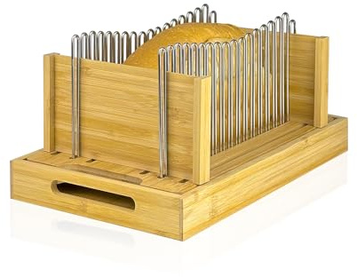 Bamboo Bread Slicer for Homemade Bread by Forest Manor - Adjustable Width Stainless Steel Slicing Guides & Crumb Tray -Sourdough Bread, Cakes, Loaves, Bagel Slicer - Kitchen Baking Tools & Gifts