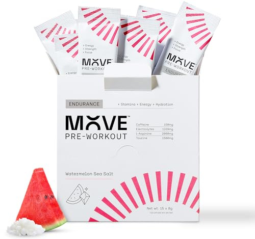 MOVE Pre Workout Powder - Hydration & Endurance Formula for Men & Women - Preworkout Electrolytes Powder with Caffeine, Vitamin C, Taurine & L-Arginine - 15 Servings Watermelon & Sea Salt