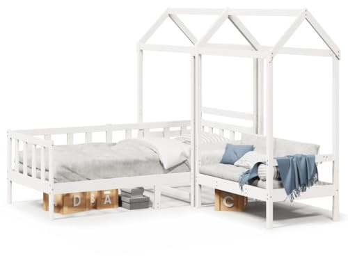 THOYTOUI Tagesbett Weiß 80x200 cm Kiefernholz mit Bank und Lattenrost, Bettgitter auf 3 Seiten und Stauraum für Schlafzimmer und Wohnzimmer