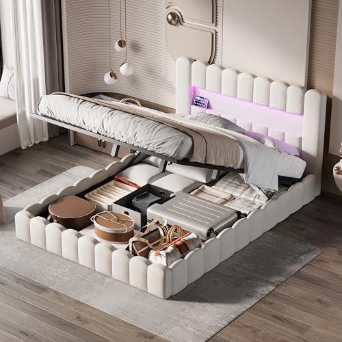 BSCFHCZ Polsterbett 180x200 mit Stauraum, Hydraulisches Bett mit LED-Bleuchtung und USB, Doppelbett Bettgestell mit Stauraum-Kopfteil, Beige, Leinen, Ohne Matratze