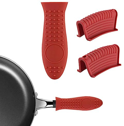 3 Pcs Silicone Hot Handle Holder Cover, Non-Sli-p Pot Holder Sleeves, Kitchen Household Cast Iron Skillet Insulated Pan Handle Cover for Cast Iron Skillets & Metal Frying Pans, Griddles(COLOR:Red)