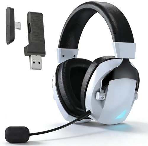 MENDUNER Casque de Jeu sans Fil, Casque Bluetooth 5.4 2,4 GHz avec Lumière RVB Antibruit, Son Surround 7.1, Pilote 50 Mm, Commutateur PC, Ordinateur Portable, Tablette, Téléphone Portable (noir blanc)