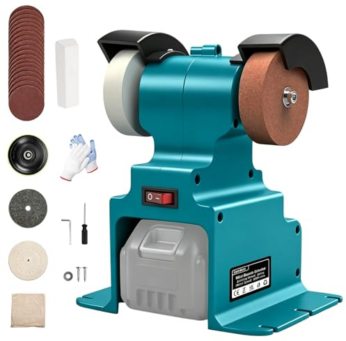 Esmeriladora De Banco, Mini Amoladora de Banco con Muelas de Corindón Marrón de Grano Grueso y Fino para Afilar, Esmerilar, Lijadora de banda eléctrica mini de 300 W para Makita de 18 V(sin batería)