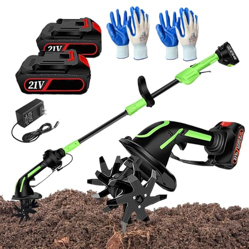 21V Motozappa Senza Fili con 2 Batterie, Mini Coltivatore Elettrico Portatile per Giardino, 4 Lame profondità 10cm, Fresatrice E Diserbante per Prato E Aiuole B