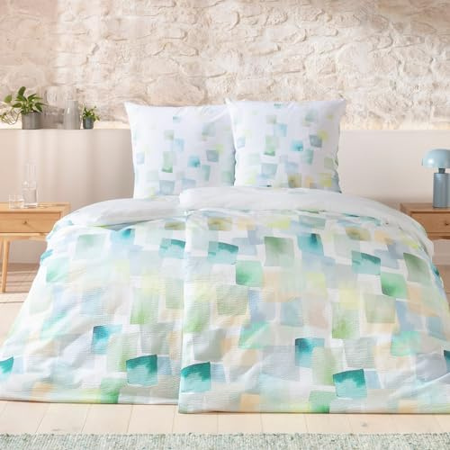 ESTELLA Seersucker Bettwäsche Set, 135x200 cm + 80x80 cm, Design 11 | 100% Baumwolle, bügelfrei, Bettgarnitur, Mit Seersucker Struktur, Deutsche Markenqualität