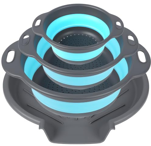 Collapsible Colander Set, 3Pcs Foldable and Extendable Kitchen Draining Baskets with a Universal Draining Tray, Suitable for Vegetables and Fruits