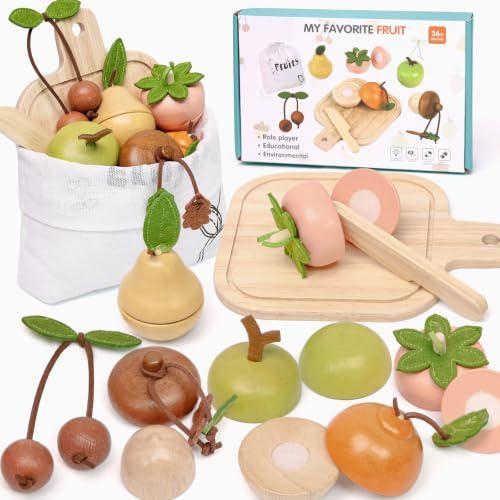 Masonbaby Spielzeug-Lebensmittelset Holz Kinderküche Zubehör, Küchenspielzeug Obst Spielzeug mit Aufbewahrungstasche, Rollenspiel Holzspielzeug Festliche Geschenke für Jungen und Mädchen