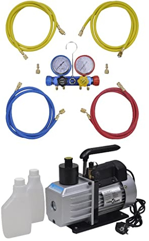 LoogCape Bomba de vacío 50 l/min con distribuidor de 4 vías y manómetro para aire acondicionado, sistemas de refrigeración, mantenimiento, reparación, desagüe, filtros, piezas de repuesto, montaje