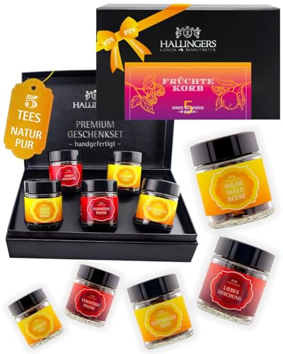 Hallingers Genuss Manufaktur Tee Geschenk-Set - 5 Sorten premium loser Tee Probierset in edler Geschenkbox mit Rezept-Booklet Früchtekorb, Geschenkidee für Frauen Männer